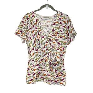 Alex & Parker Short Sleeve Whimsy Umbrella Blouse Novelty Faux Wrap Tie Waist S
